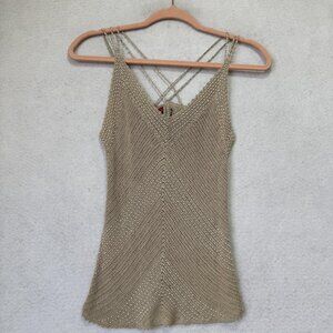 Seraph Tank Top Womens Medium Large Beige Crochet Beaded Cami Strappy Crisscross